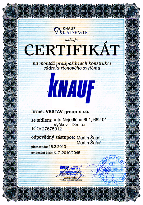 VESTAV - Certifikát KNAUF - montáž protipožárních konstrukcí